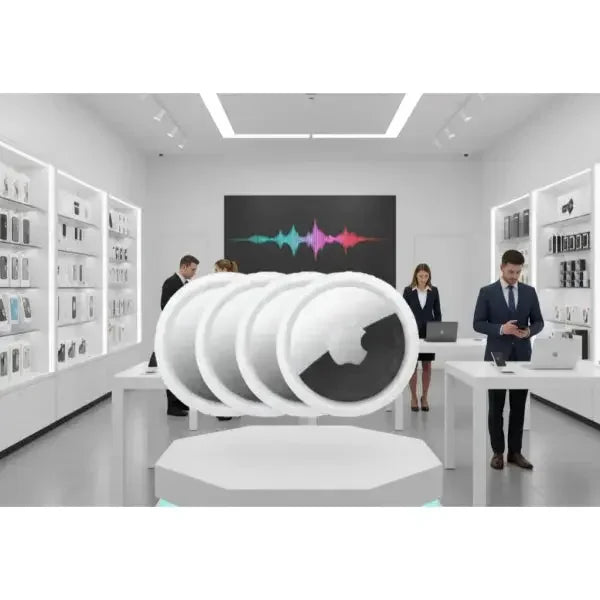 Accessori telefonia Apple in negozio moderno con espositori eleganti e clienti che esplorano i prodotti