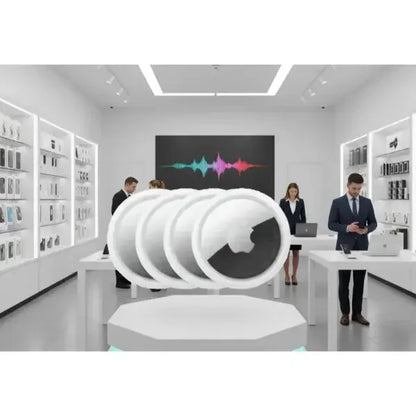 Accessori telefonia Apple in negozio moderno con espositori eleganti e clienti che esplorano i prodotti