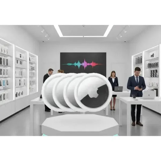 Accessori telefonia Apple in negozio moderno con espositori eleganti e clienti che esplorano i prodotti