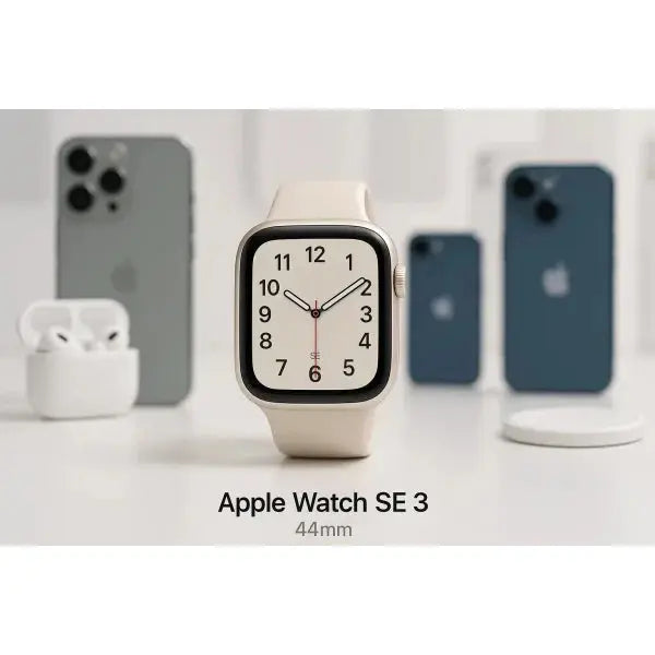 Apple Watch SE 3 con quadrante elegante di 44mm su sfondo di smartphone e AirPods