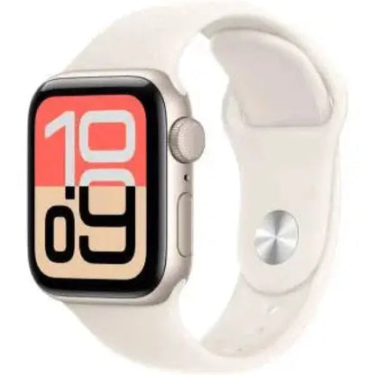 Apple Watch SE 3 con quadrante multicolore e cinturino bianco elegante e moderno