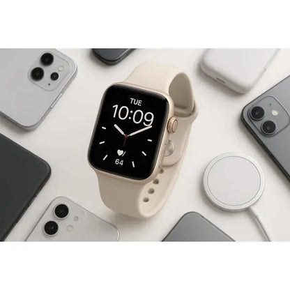 Apple Watch SE 3 dorata con cinturino beige su sfondo di smartphone e accessori tecnologici
