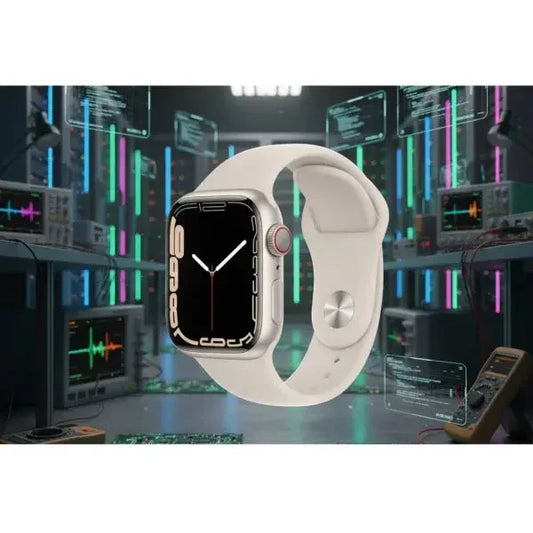 Apple Watch Serie 7 con cinturino bianco in un ambiente tecnologico moderno