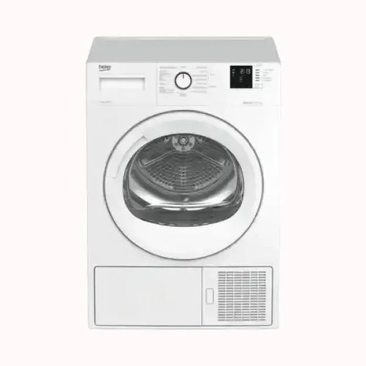 Asciugatrice Beko bianca con porta trasparente e pannello di controllo digitale frontale
