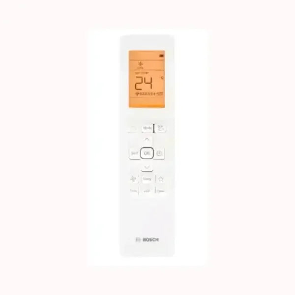 Telecomando bianco per condizionatori BOSCH con display digitale arancione e pulsanti di controllo