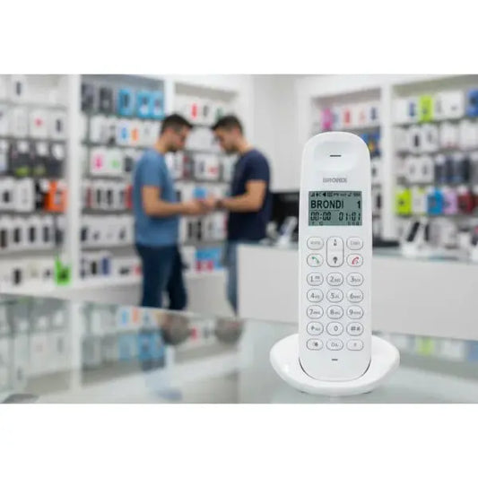 Telefono Cordless Brondi bianco con tastiera grande e supporto in esposizione in negozio di elettronica
