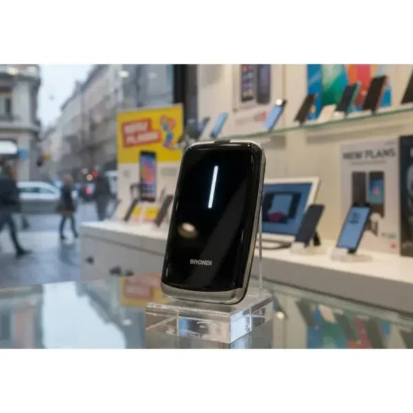 Telefono cellulare Brondi per anziani con design semplice ed intuitivo in esposizione
