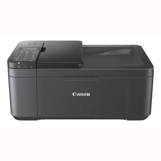 Stampante multifunzione Canon nera con scanner piano, pannello di controllo e vassoio carta frontale