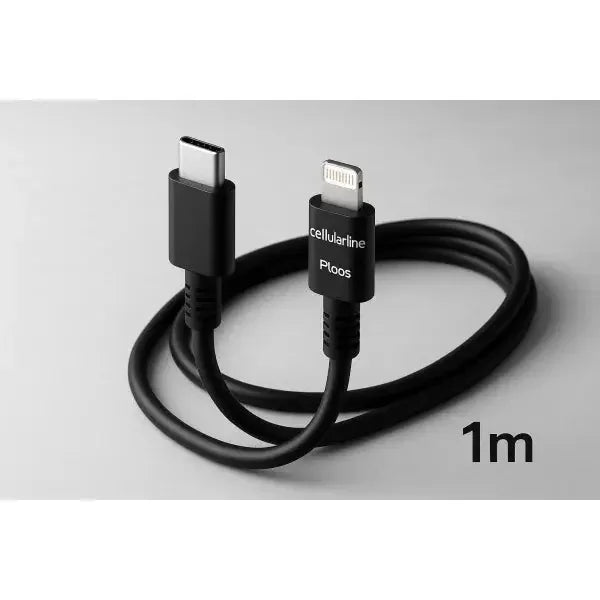 Cavo USB-C a Lightning Cellularline Ploos lungo 1 metro, ideale per ricarica veloce.