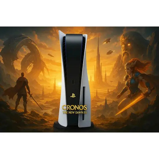 Console PlayStation con design elegante e il logo Cronos sullo sfondo di un'epica scena di gioco