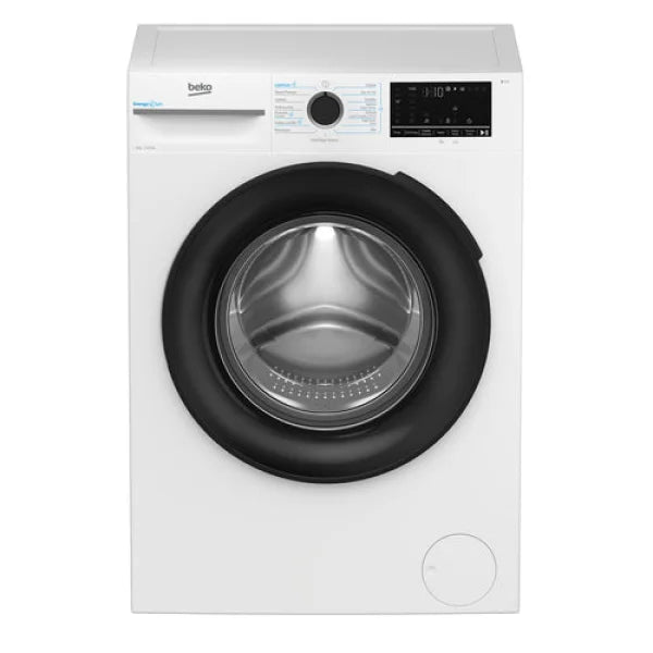 Lavatrice Beko a carica frontale bianca con oblo nero e pannello digitale, tamburo capiente