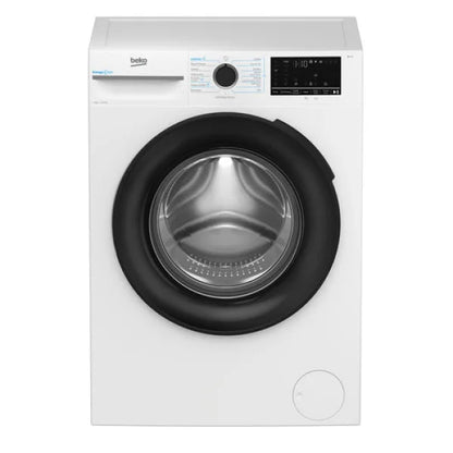 Lavatrice Beko a carica frontale bianca con oblo nero e pannello digitale, tamburo capiente