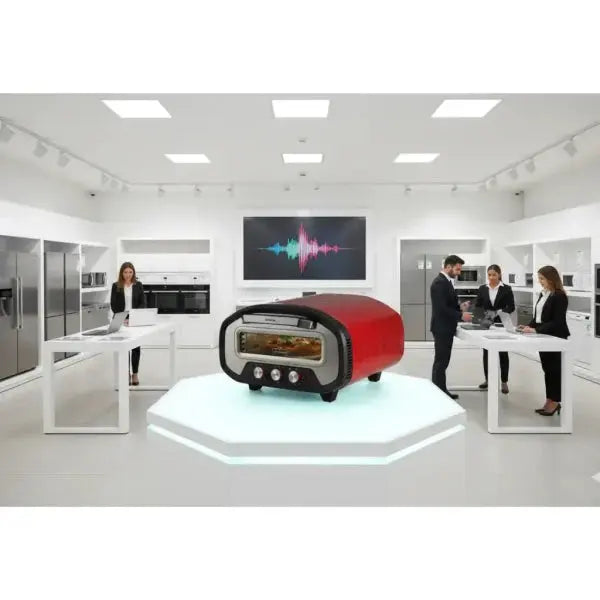 Forno Pizza Elettrico Ariete rosso in esposizione in un moderno showroom di piccoli elettrodomestici