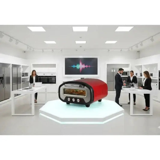 Forno Pizza Elettrico Ariete rosso in esposizione in un moderno showroom di piccoli elettrodomestici