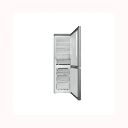 Frigo combinato Hotpoint con porte aperte che mostrano scomparti interni e ripiani trasparenti