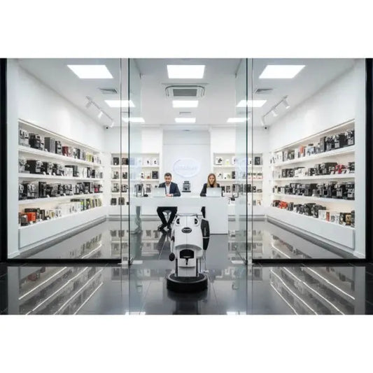 Negozio Didiesse con macchine da caffè Frog Baby in mostra su scaffali bianchi