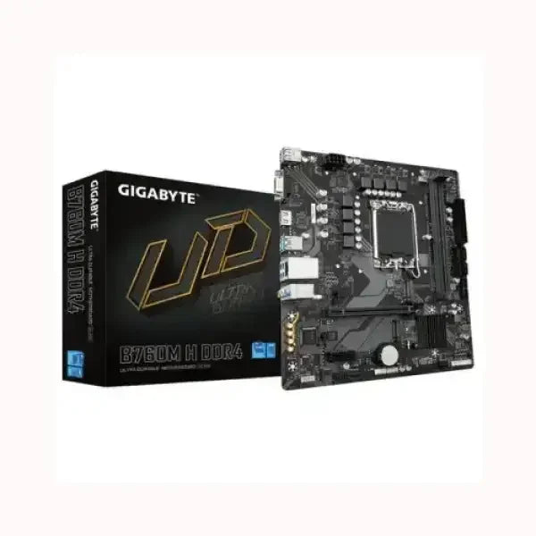 Scheda madre GIGABYTE B760M H DDR4 con scatola nera e dettagli dorati per PC desktop