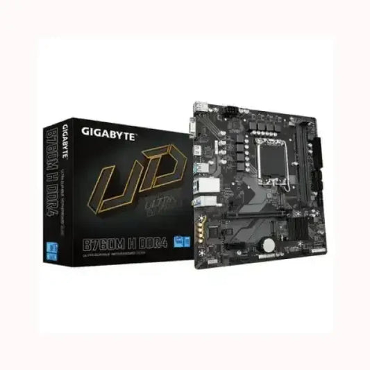 Scheda madre GIGABYTE B760M H DDR4 con scatola nera e dettagli dorati per PC desktop