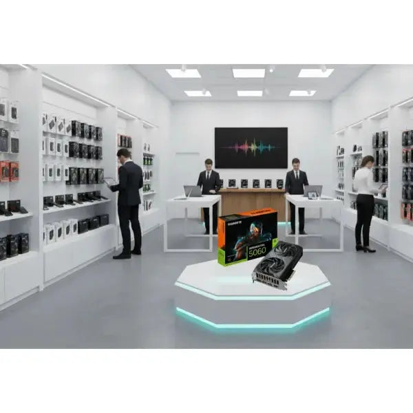 Scheda video GIGABYTE 5060 esposta in un negozio moderno con clienti e staff al lavoro