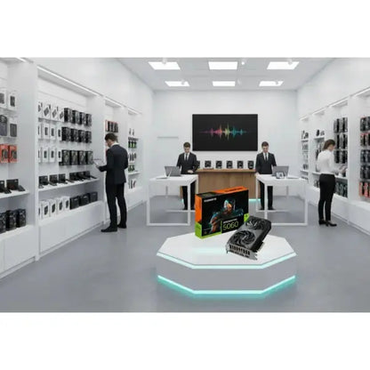 Scheda video GIGABYTE 5060 esposta in un negozio moderno con clienti e staff al lavoro