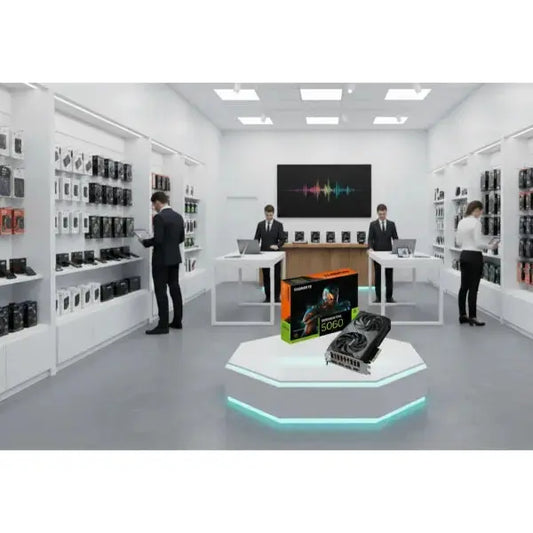 Scheda video GIGABYTE 5060 esposta in un negozio moderno con clienti e staff al lavoro