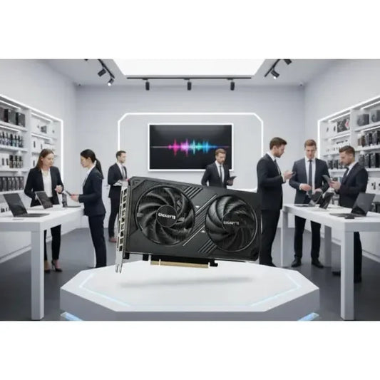 Scheda video GIGABYTE con doppio ventilatore in un negozio di elettronica con clienti e venditori