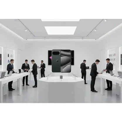 Google Pixel 10 Pro smartphone esposto in un negozio moderno con clienti e venditori al lavoro