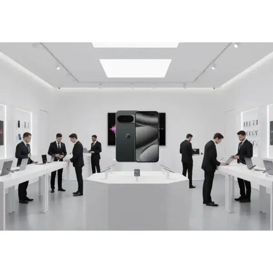 Google Pixel 10 Pro smartphone esposto in un negozio moderno con clienti e venditori al lavoro