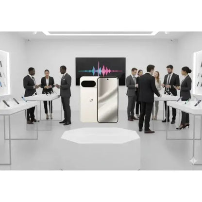 Smartphone Google Pixel 10 Pro in bianco esposto in un negozio moderno con clienti in background