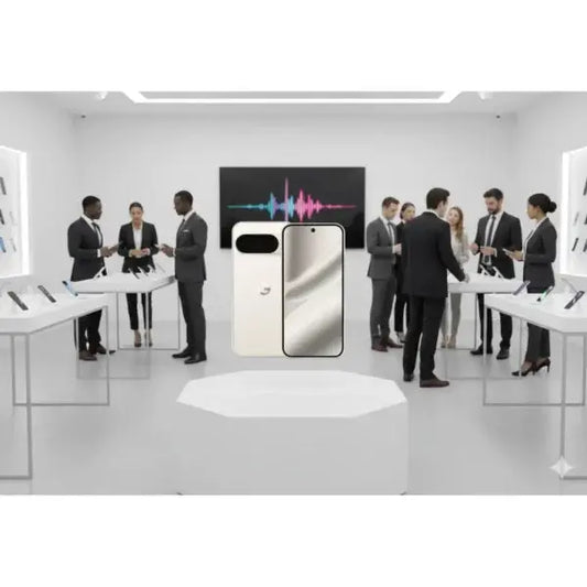 Smartphone Google Pixel 10 Pro in bianco esposto in un negozio moderno con clienti in background