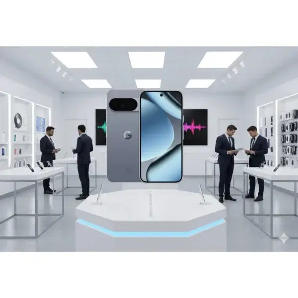 Google Pixel 10 Pro smartphone grigio esposto in un negozio elettronico moderno con clienti