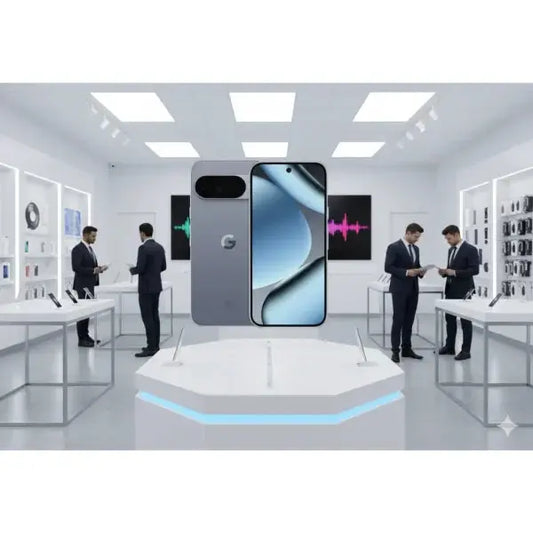 Google Pixel 10 Pro smartphone grigio esposto in un negozio elettronico moderno con clienti