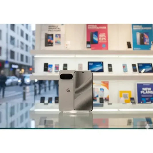 Smartphone Google Pixel 10 Pro con design elegante e fotocamera avanzata, in esposizione in un negozio.