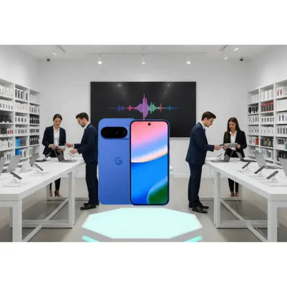 Smartphone Google Pixel 10 in blu con display dai colori vivaci in un negozio moderno