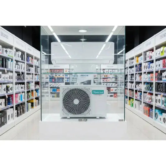 Condizionatore Hisense installato in vetrina con unità interna ed esterna per il raffreddamento degli ambienti