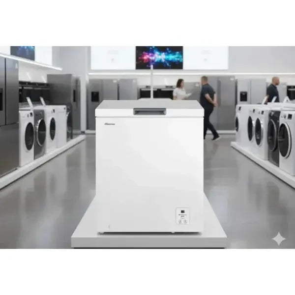 Hisense congelatore a pozzetto bianco in un negozio di elettrodomestici con lavatrici sullo sfondo