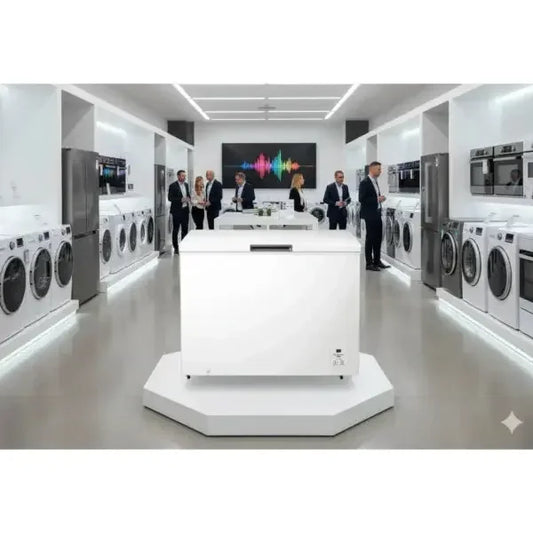 Congelatore HISENSE bianco con design elegante in un moderno showroom elettrodomestici