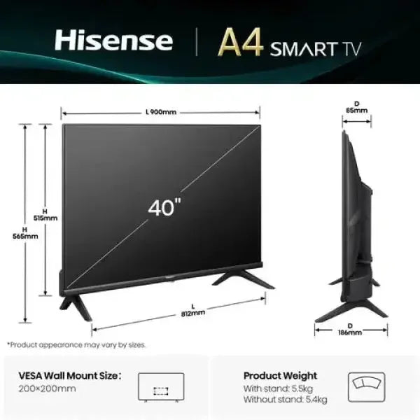 Televisore Hisense A4 Smart TV da 40 pollici con supporto e dimensioni VESA 200x200mm