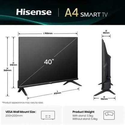 Televisore Hisense A4 Smart TV da 40 pollici con supporto e dimensioni VESA 200x200mm