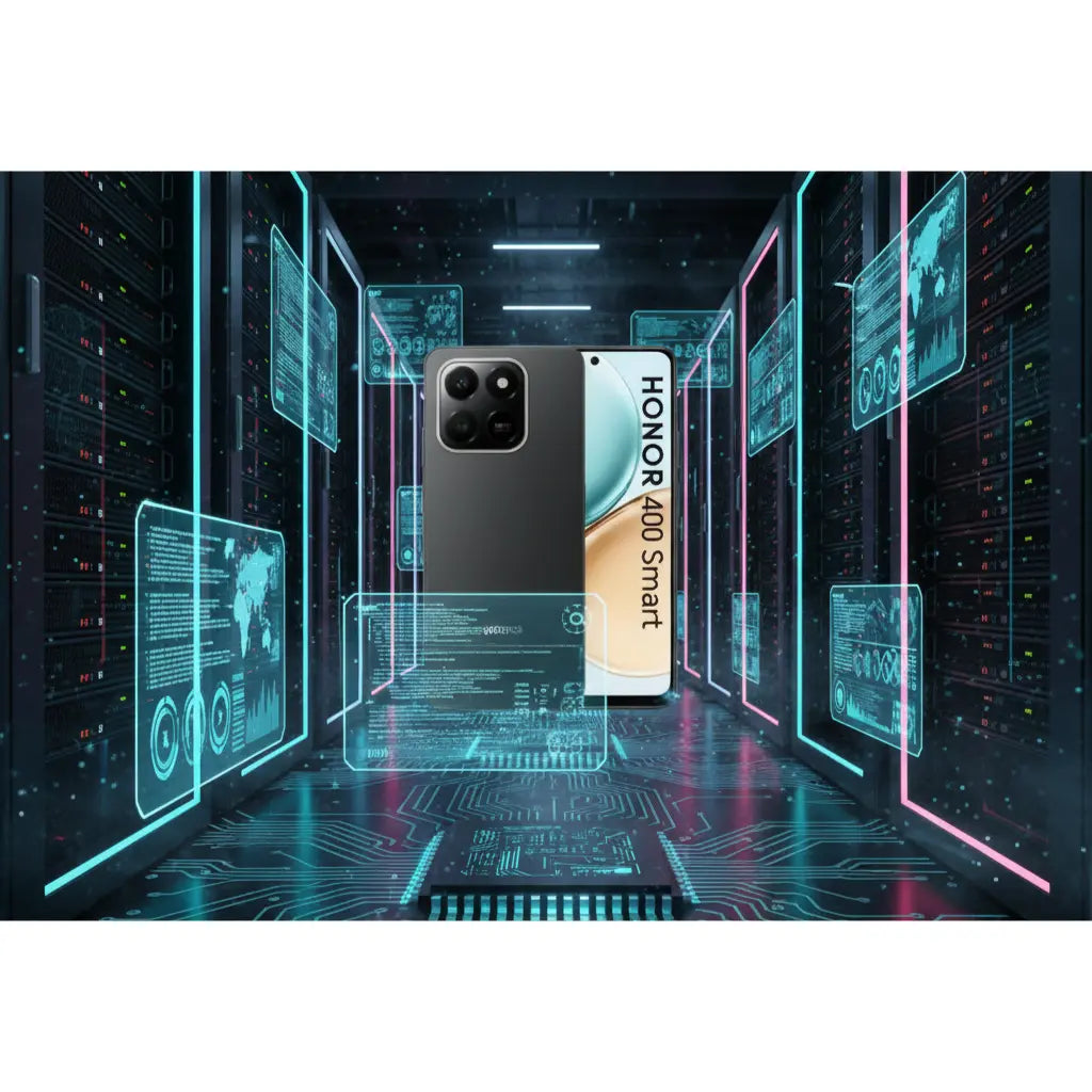 Smartphone Honor 400 con design elegante e display luminoso in un ambiente futuristico