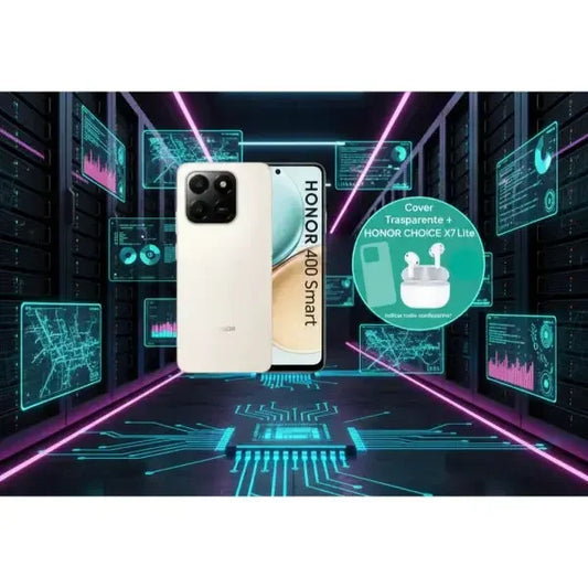 Smartphone Honor 400 con cover trasparente e HONOR CHOICE X7 Lite in uno sfondo futuristico