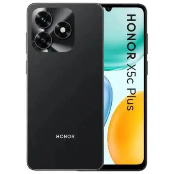 Smartphone Honor X5C Plus con design elegante e fotocamera avanzata su sfondo nero