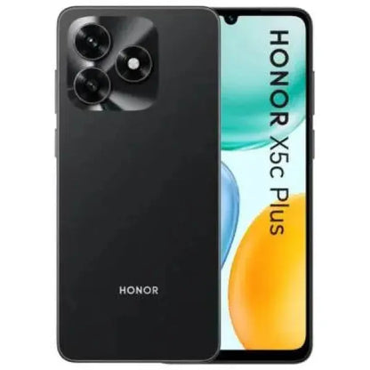 Smartphone Honor X5C Plus con design elegante e fotocamera avanzata su sfondo nero