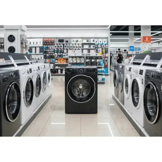 Lavatrici Hotpoint in esposizione con modelli in bianco e nero e diversi accessori disponibili