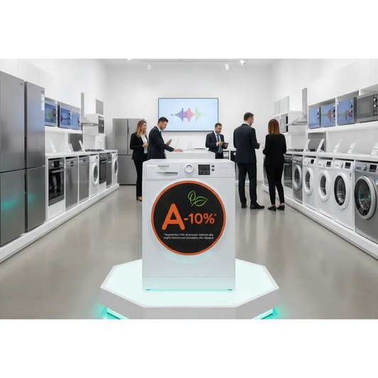 Lavatrici Hotpoint esposte in un negozio moderno con un design elegante e funzionalità ecocompatibili