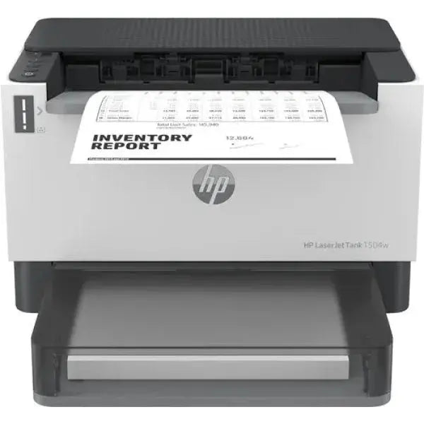 Stampante HP LaserJet Pro M15dw con report di inventario stampato e design compatto