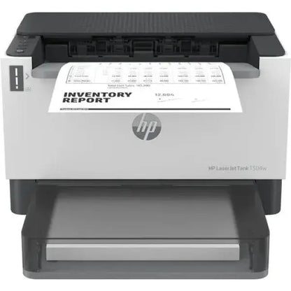 Stampante HP LaserJet Pro M15dw con report di inventario stampato e design compatto