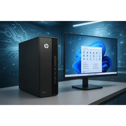 HP PC desktop con design elegante e monitor a schermo piatto con Windows 11