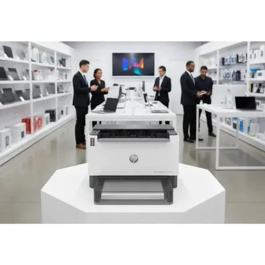 Stampante HP bianca in un negozio moderno con clienti e prodotti digitali intorno