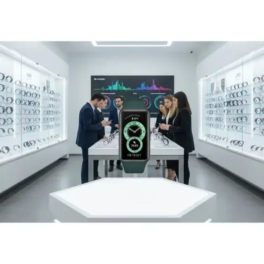 Huawei Smartwatch con schermo touch e design elegante, utilizzato in un ambiente di vendita al dettaglio